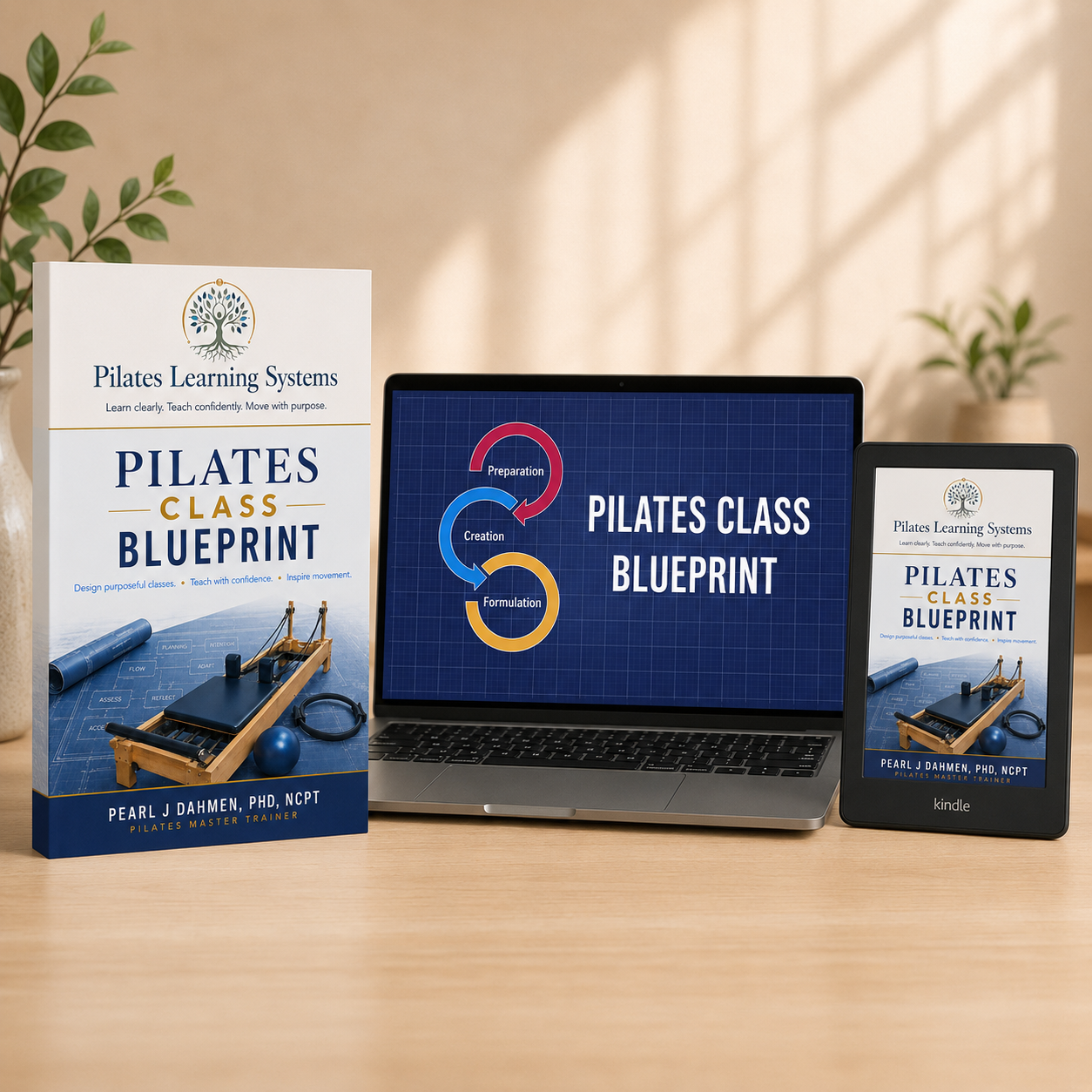 Pilates Class Blueprint paperback, online course displayed on a laptop, and Kindle edition displayed together
