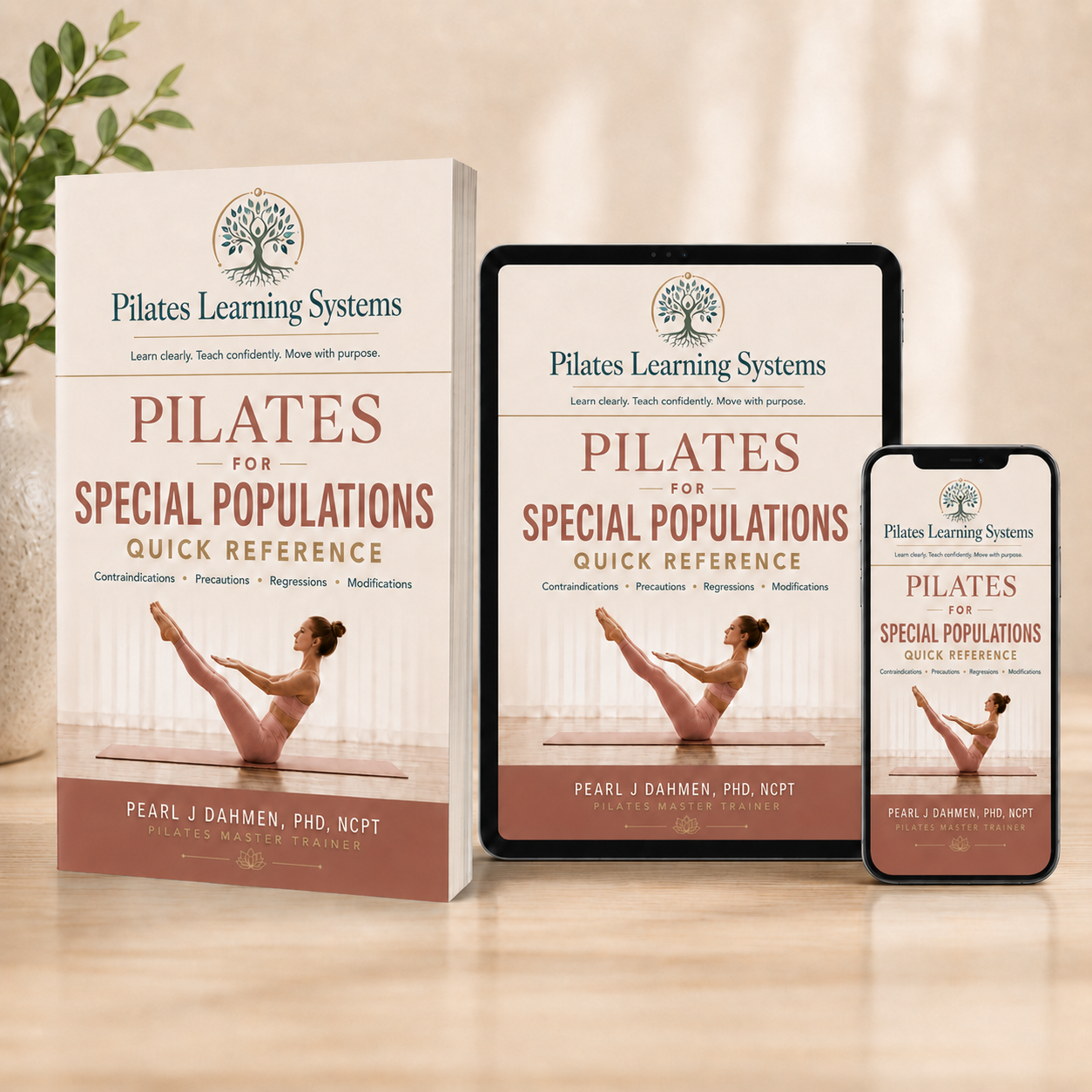 Pilates for Special Populations paperback, tablet edition, and mobile web app displayed together